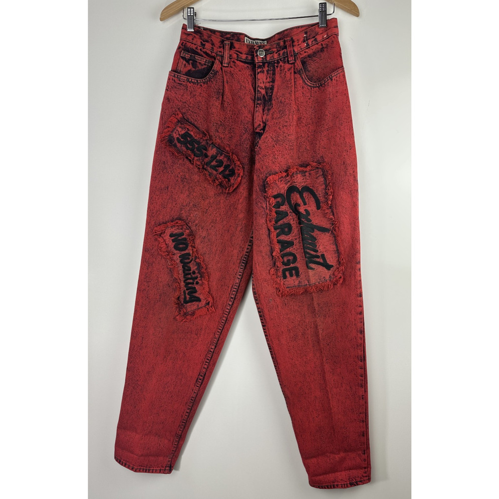 Vtg 90's Exhaust Red Acid Wash Graphic Denim Jeans Grunge Punk Size 31 *Flawed - Picture 2 of 16